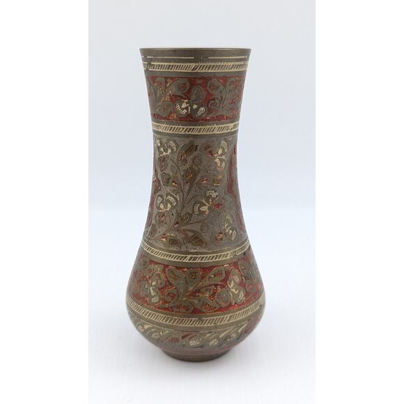 Brass Vase Enameled Floral Ornate Etched Vintage 5" Tall Marked 1923 India - Picture 2 of 9